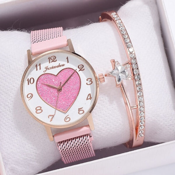 Smoon szív számlapos óra-karkötő szett rosegold-pink LV0059